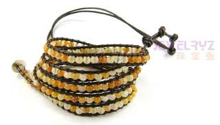   agate beads brown leather chan luu style 5 wrap bracelet K20  