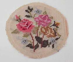 VINTAGE NEEDLEPOINT CANVAS PAIR ROUND FLORAL PINK ROSE  