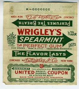1920s Green Wrapper & Coupon Wrigleys Chewing Gum  