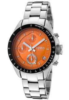 FOSSIL SILVER S/STEEL BAND w/ ORANGE CHRONOGRAPH DIAL WOMENS WATCH 