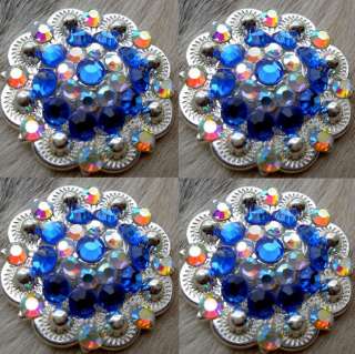 SILVER CRYSTALS BERRY CONCHOS HEADSTALL BLING SAPPHIRE BLUE AB STONE 