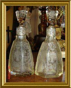 ANTIQUE STERLING SILVER,ENGRAVED CRYSTAL PAIR DECANTERS  