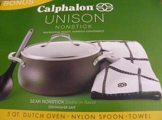 CALPHALON UNISON NONSTICK 5 QT. DUTCH OVEN WITH NYLON SPOON + TOWEL 