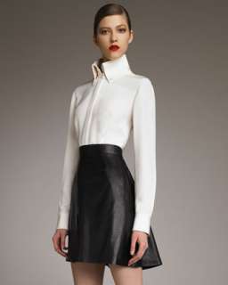 Reversible Shearling Long Vest, Hidden Placket Blouse & Leather Skirt