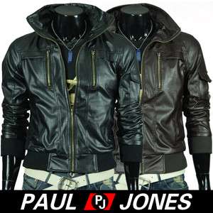 PJ Mens Unique Hood design casual slim fit PU Leather Hoody Jacket 