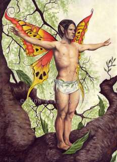 FAIRY Fantasy Art ORIGINAL male tree flight WC CP  
