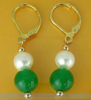 14K Gold GP White Freshwater Pearl & Green Jade Drop Earrings