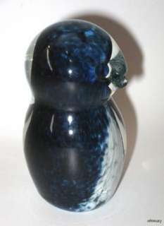 Art Glass Owl Bird Figurine Paperweight Blue & White Signed  