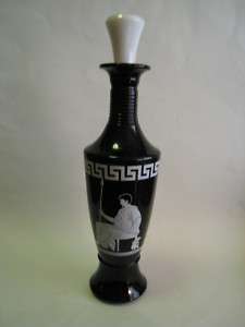 Vintage Black/White Greek Key Glass Liquor Decanter  
