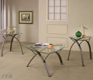   HURON MODERN GLASS TOP PEWTER FINISH METAL COFFEE END TABLE SET  