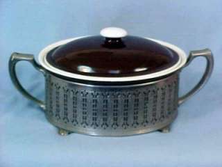 Hall Brown & White Lidded Pottery Casserole In Footed Metal Holder 