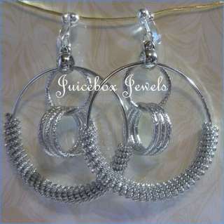 CLIP ON 2.5 L x 2 W Silver Tone Multi Loop Hoops Fashion Earrings 