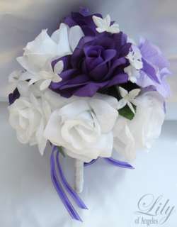 50pcs Wedding Cascade Bridal Bouquet PURPLE LAVENDER WT  