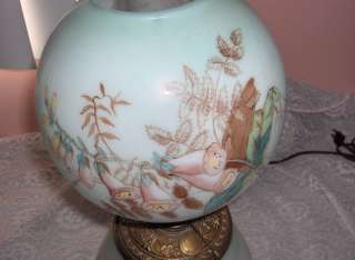  Victorian Oil Lamp Electric Painted Glass Globes Hurricane Lamp Signed