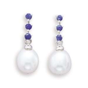   8mm Cultured Freshwater Rice Pearl and Blue Sapphire Earrings Jewelry