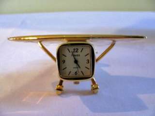 Mini Airplane Clock Timex Collectible Battery Operated Gold Colored 