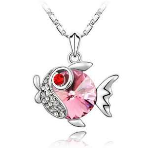 18K Gold Plated Pink Austrian Crystal Fish Pendant Necklace, Free 18 