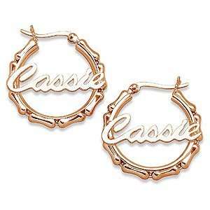   18K Gold over Sterling Bamboo Style Script Name Hoop Earrings Jewelry