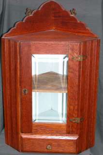 Antique c1880 Oak Corner Medicine Cabinet Curio Bevel Glass Lock Key 