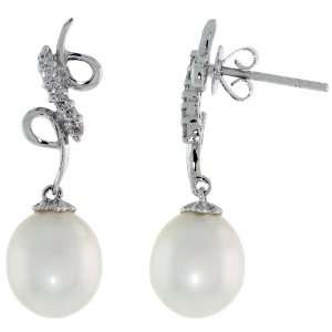 com 18k White Gold Pearl & Diamond Loop Stud Earrings, w/ .100 Carat 