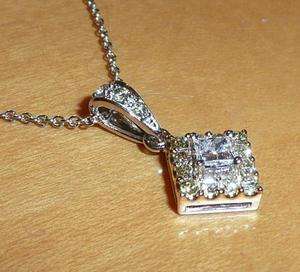 14K White Gold Diamond Princess cut Brilliant Solitaire Pendant Chain 