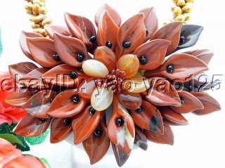 3Strds Brown Pearl&Red Stone Flower&Carnelian Necklace  