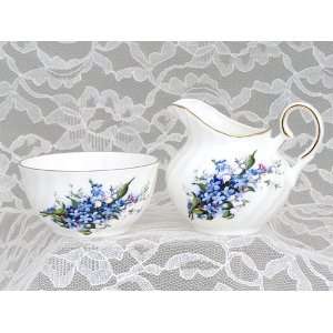  Heirloom Fine English Bone China Forget Me Not Sugar and 