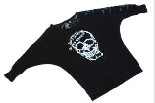 Womens PUNK Skull Loose Batty Tops Tee shirt Black  