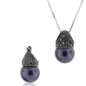  Sterling Silver Marcasite Purple Pearl Pendant Set   20 
