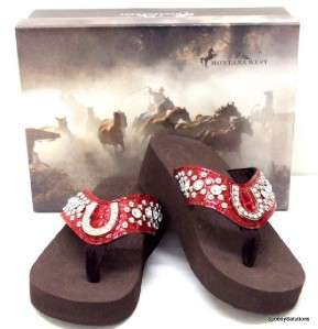 Red Cowgirl Western Horseshoe Rhinestone Jewel Flip Flops Sandals 