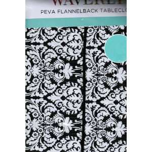   Tablecloth with PEVA Flannelback 70 Round Damask Black/White Kitchen