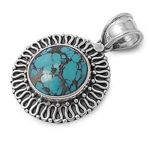   Sterling Silver Turquoise Antique Design Border Round Pendant Jewelry