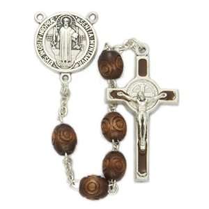  6mm Carved Wood Beads and St Benedict Center Rosary Mens 